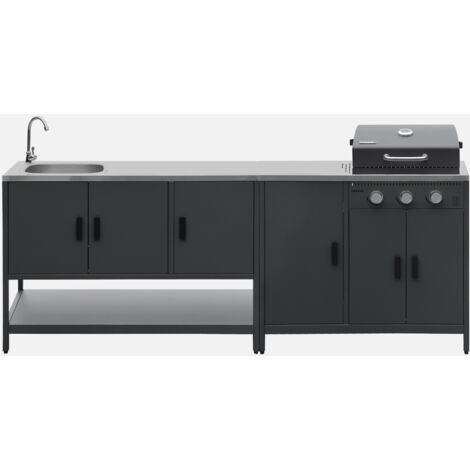 Cocina exterior acero inoxidable barbacoa gas 3 quemadores con fregadero, 2 módulos
