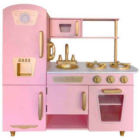 Cocina Infantil de Madera Robincool Leire Pink 85x33x89 cm Horno, Nevera, Microondas, Fregadero y Fogones Color Rosa Vintage