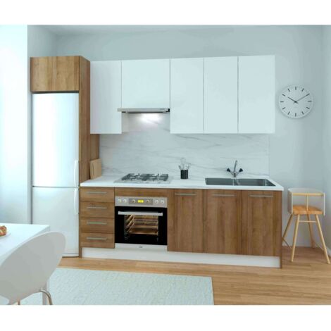 Cocina Kit-Chef sin encimera y sin zocalo de 280 cm(ancho) en blanco y roble.