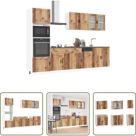 Cocina moderna -  Conjunto de armarios de cocina de 7 piezas "Porto" de madera vieja de ingeniería