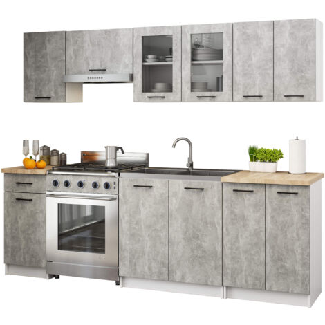 Cocina modular con vitrina 240 cm OLIWIA Gris hormigón 11 puertas 1 cajón 240x46x203 cm