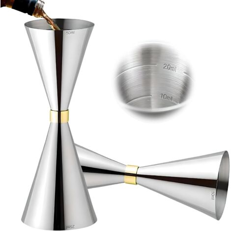 Cocktail-Jigger, Spirituosenmessbecher aus Edelstahl, professioneller Barkeeper-Messbecher, Doppel-Jigger mit Markierungen: 5 ml/10 ml/15 ml/20 ml/30 ml/40 ml, Silber (25/50 ml)
