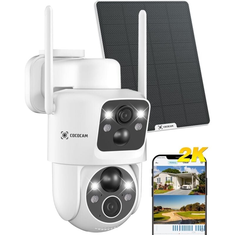 2K Camera Surveillance WiFi Exterieure sans Fil 2 Objectifs pir 10000mAh Batterie 6W Panneau Solaire Technologie ia - Cococam