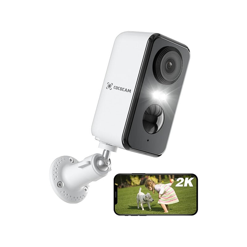 COCOCAM Camera Surveillance 2K WiFi Extérieur/Intérieur Batterie, AI/PIR Détection, Vision Nocturne Couleur, Cloud/SD Stockage Audio Bidirectionnel