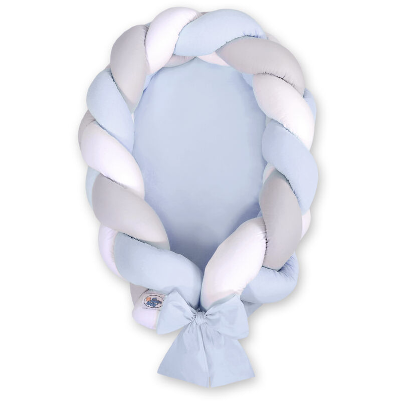 Cocon bébé tressé 2 en 1 - blanc, gris et bleu