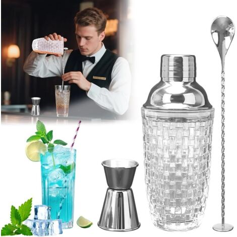 Coctelera de vidrio y acero inoxidable - Kit profesional de 400 ml, juego de 3 piezas, kit de coctelería para barman con accesorios (textura tejida - plateado)