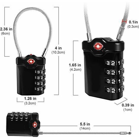 Code 4 Chiffres Cadenas Bagage pour Valise Voyage Cadenas Casier Collège avec Fonction d'alerte Bagages Ouverts et Cable en Acier (Noir)-1 article