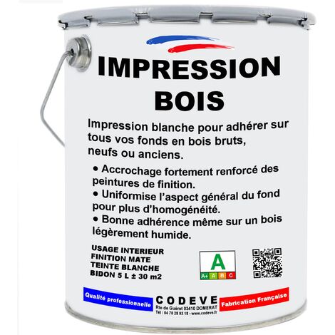Codève Bois – Impression bois 5 L – RAL 9010 blanc pur – Pour bois foncé, noirci, taché – Accrochage renforcé, bonne adhérence sur bois humide