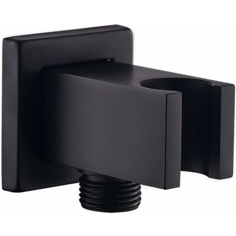 Codo de conexión a pared con soporte de ducha, conexión cuadrada de latón para manguera de ducha de 1/2 pulgada, conexión de ángulo de desagüe de salida de agua de pared, negro