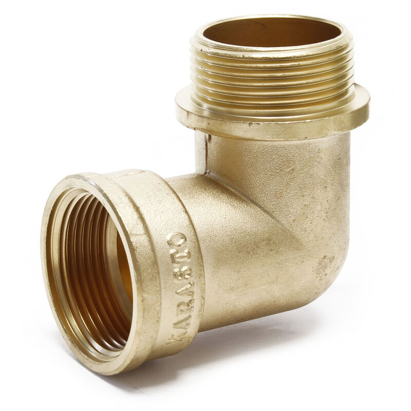 

Codo de latón 90° con macho 41,91mm (1 1/4") y hembra 39,59mm (1 1/4") para conexión de tuberías