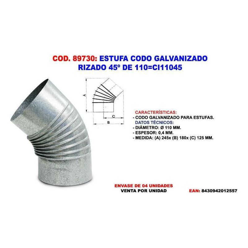 

MIBRICOTIENDA estufa codo galvanizado rizado 45º de 110 cg11045(04)