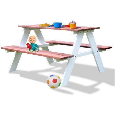 Coemo Picknicktisch Holz Kinder Sitzgruppe Gartentisch Sitzgarnitur Weiß/Teak - Weiß