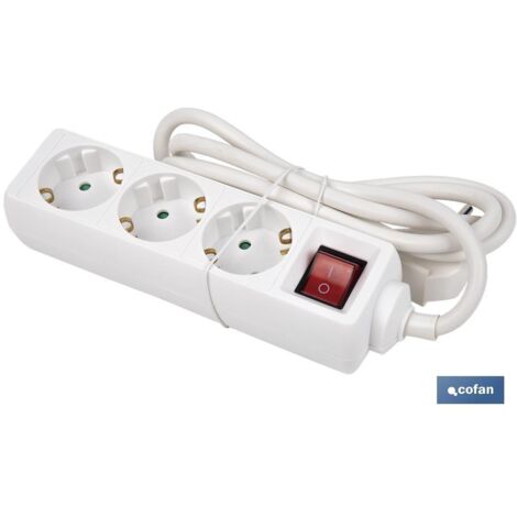 COFAN base múltiple 3t. 1,4m cable c/int. (16a-250v) , Base eléctrica Múltiple con tres tomas y conmutador luminoso. Regleta electrica con tres enchufes y cable de 3 x 1,5mm. Ladró
