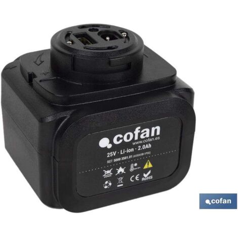 COFAN batería recargable 25v 2.0ah tijeras de podar , Batería recargable de litio Li-ion de 25 voltios y 2.0 Ah adecuada para la tijera de poda a batería Cofan (referencia 50003501