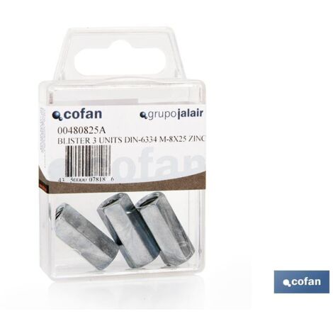 COFAN bl 4 uds. din-6334 m-8x25 z   caja 10 unid. , Manguitos Hexagonales. Unión varillas roscadas DIN 6334 Blíster Estándar.