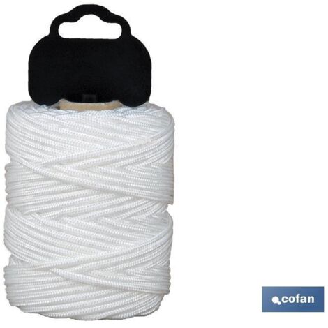 COFAN blister trencilla esp. estores 1 mm 100 mts bco , Riel trenzado de 1mm, trenzado en polipropileno de gran tenacidad en color blanco. Hilo en blíster de 50 metros de longitud.