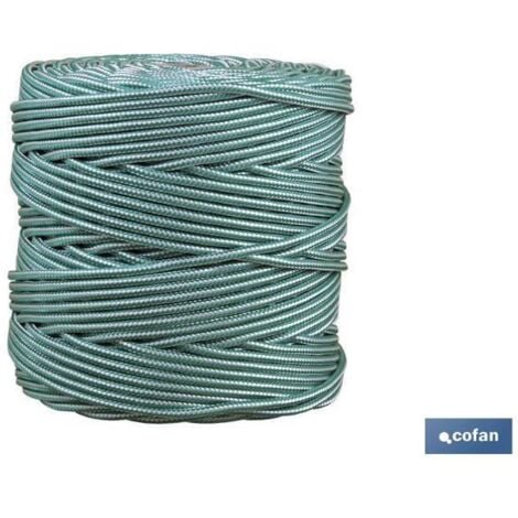 COFAN bobina cordon trenzado poli 5 mm 200 mts bco/ vde , Cordón trenzado de color verde/blanco de 5mm de diámetro, adecuado para persianas. Cordón con polipropileno en el exterior