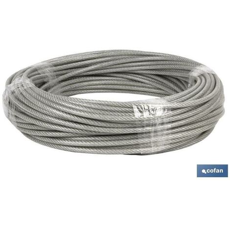 COFAN cable acero (5mm) 3x5mm  6x7+1 plast. (50m) , Cable de Acero Plastificado cristal en rollos de 25, 50 y 100 metros de longitud.