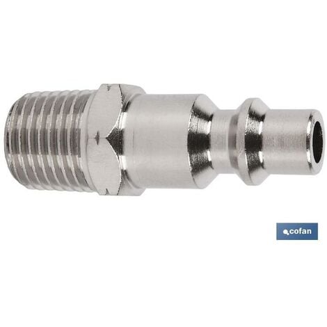 COFAN conector aire rosca macho 1/4 , Conector con rosca macho de 1/4, 3/8 y 1/2. Compacto y ligero para todas las instalaciones que funcionan con aire comprimido. Roscas invertida