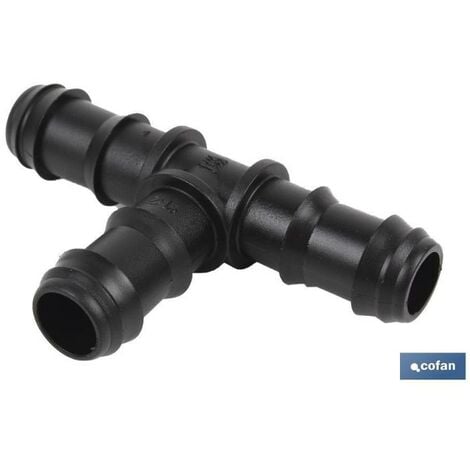 COFAN conexión en t ø16mm   caja 100 unid. , Conector en forma de T para riego por goteo para agricultura y jardinería. Su diseño permite su fácil montaje, sin necesidad de herrami