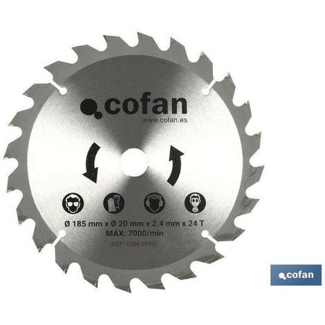 COFAN disco corte para madera ø185mm x 20mm x 2.4mm x 24t , Recambio disco de corte para madera para sierra circular Ref. 50001210, 24 dientes, 185 X 20 X 2,4 mm ø185 mm.