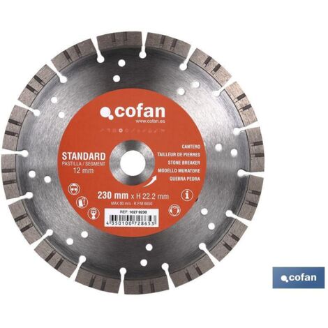 COFAN disco diamante cantero standard h-12mm, 230mm , Discode  Diamante especial Cantero Standar ventilado con pastilla de 12mm de altura.