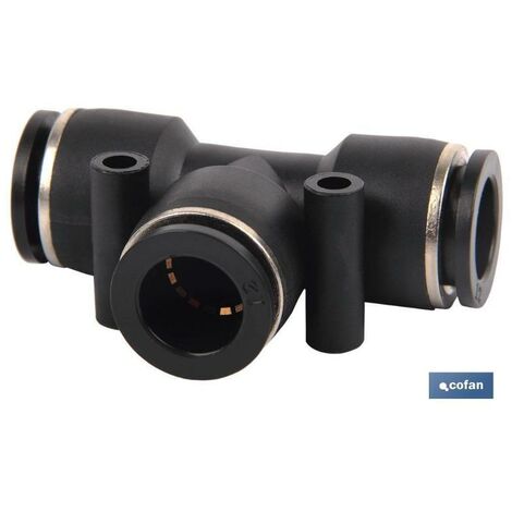 COFAN empalme rapido plastico t t-4   caja 10 unid. , Racores enchufe rápido con forma en T. Totalmente en plástico, recuperables de conexión instantánea para tubos desde 4 mm hast