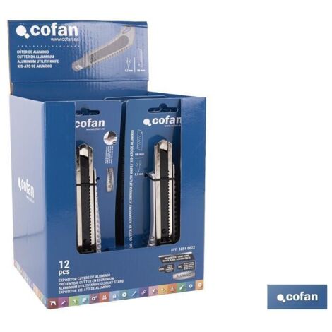 COFAN expositor de cúter de aluminio 18 mm 12 uds. , Los expositores de cúteres de aluminio Cofan es la solución ideal para cualquier ferretería o tienda de suministros industriale