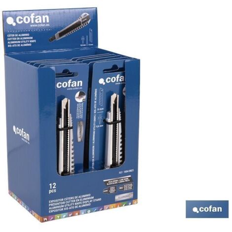 COFAN expositor de cúter de aluminio 9 mm 12 uds. , Los expositores de cúteres de aluminio Cofan es la solución ideal para cualquier ferretería o tienda de suministros industriales