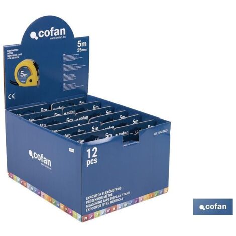 COFAN expositor de flexómetros 25 mm x 5 m 12 uds. , Expositores para flexómetros de Cofan, una herramienta esencial para cualquier ferretería o tienda de suministros industriales