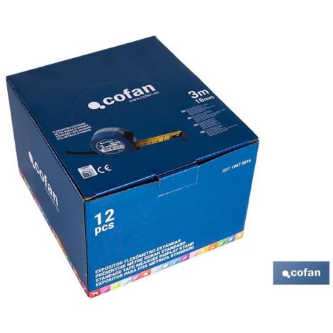 COFAN expositor flexómetro estándar 16 mm x 3 m 12 uds. , Expositor para flexómetros estándar con botón de bloqueo de la hoja de Cofan, una herramienta esencial para cualquier ferr