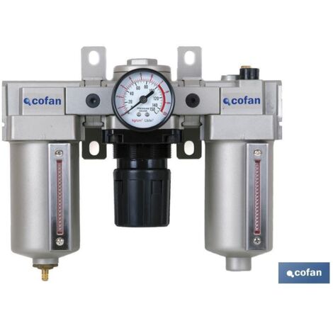 COFAN filtro regulador+lubricante 1 , Regulador decantador y lubricador de instalaciones neumáticas de hasta 5000 litros de caudal de consumo. Varias posibilidades según consumo de