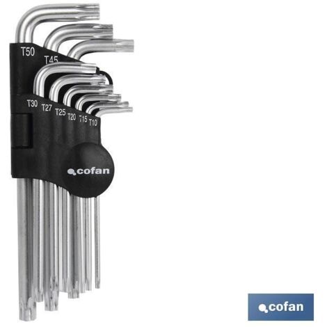 COFAN jgo 9 llaves acodadas torx (t-10 - t-50) , Juego clasificador de 9 llaves acodadas en torx de dos bocas. El juego dispone de llaves con medidas T10, T15, T20, T25, T27, T30,