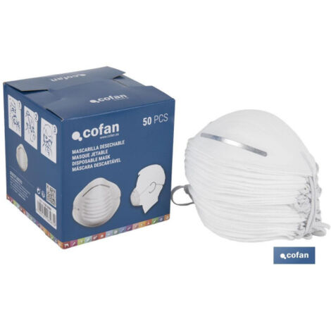 COFAN mascarilla normal   caja 50 unid. , Mascarillas higiénicas en color blanco fabricadas en polipropileno de muy buena calidad. Se usan para protegerse contra el polvo y las par