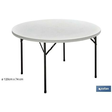 COFAN mesa redonda plegable blanca 120x74cm , Mesa plegable redonda de color blanco fabricada en polietileno de alta densidad (HDPE) y estructura de acero pintado. Esta mesa se ha
