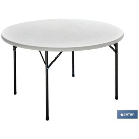 COFAN mesa redonda plegable blanca 180x74cm , Mesa plegable redonda de color blanco fabricada en polietileno de alta densidad (HDPE) y estructura de acero pintado. Esta mesa se ha