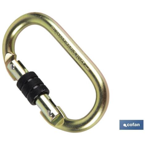 COFAN mosquetón con rosca seguridad , Mosquetón de seguridad fabricado en acero forjado de muy buena calidad en color dorado. Cuenta con un cierre de rosca en color negro fabricado
