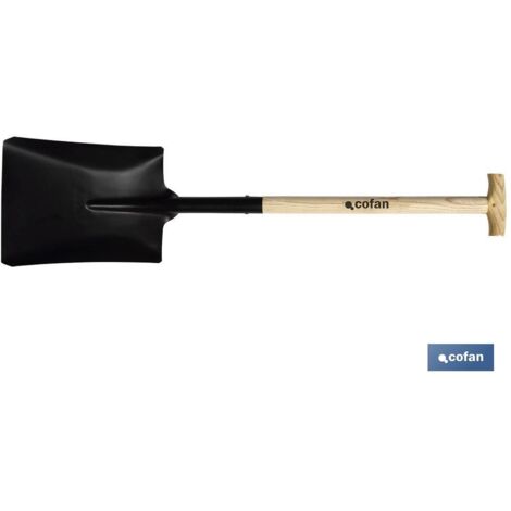COFAN pala cuadrada 340mm mango madera abierto , Pala cuadrada de acero acabado en puño moleta abierta de madera, medidas en 335x245x1020mm y 340x285x1030mm