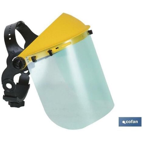COFAN pantalla protección transparente 8x15,5 , Pantalla de protección facial tipo casco. Cuenta con una rueda giratoria en uno de sus laterales para poder ajustarla a la cabeza y