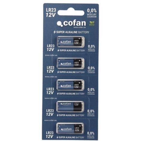 COFAN pila alcalina lr23/12v venta unitaria   caja 5 unid. , Pilas alcalinas de larga duración 23A/12 V.. 100% libres de cadmio/mercurio.