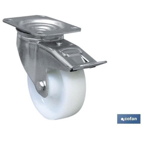 COFAN rueda nylon placa/freno ø125x40mm , Ruedas nylon placa y freno con cojinete liso para uso industrial, especiales para carretillas industriales, contenedores, cajas de herrami