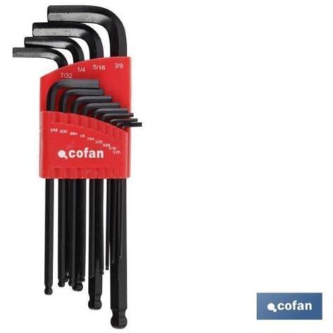 COFAN set 13 llaves allen de bola (pulgadas) 0.05-3/8 , Set de LLaves de Allen con forma de bola, medidas en pulgadas. El juego contiene 13 piezas o llaves fabricadas en material d