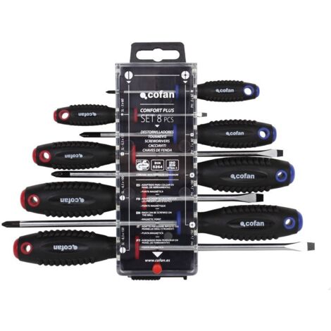 Cofan Set da 4 cacciaviti a taglio e 4 cacciaviti Phillips  Modello Confort Plus  Custodia speciale con gancio  (PH0,1,2,3-SL4,6.5,8)