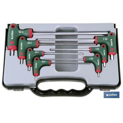 COFAN set destornillador t 7 pcs hexag. , Juego en maletín de 7 destornilladores de Allen en mango ergonómico de color verde con forma de T con doble punta de Allen. Medidas desde