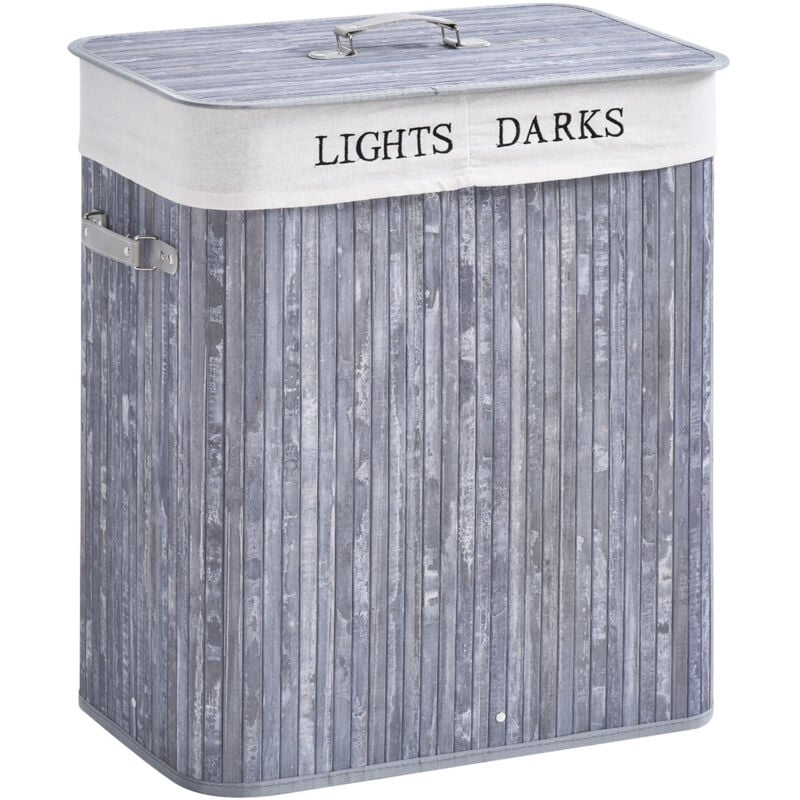 Panier à linge corbeille à linge 2 bacs bambou pliable couvercle poignée sac amovible en toile gris