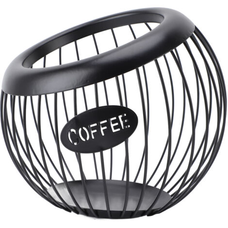 Coffee Pod Storage Basket Black with Letters Large Capacity Iron Rust Proof Stylish Modern Beveled Mouth Coffee Capsules Basket for Kitchen