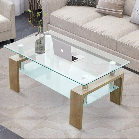 Coffee Table, 100x45x60cm Rectangle Glass Coffee Table, Modern Side Table with Lower Shelf, Brown