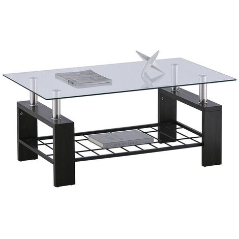 Coffee Table, 100x45x60cm Rectangle Glass Coffee Table, Modern Side Table with Lower Shelf,Black