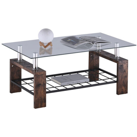 Coffee Table, 100x45x60cm Rectangle Glass Coffee Table, Modern Side Table with Lower Shelf,Brown