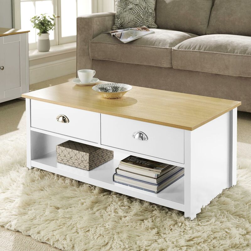 Coffee Table 2 Drawer Oak Cream Occasional Table d Cup Metal Handles Furniture